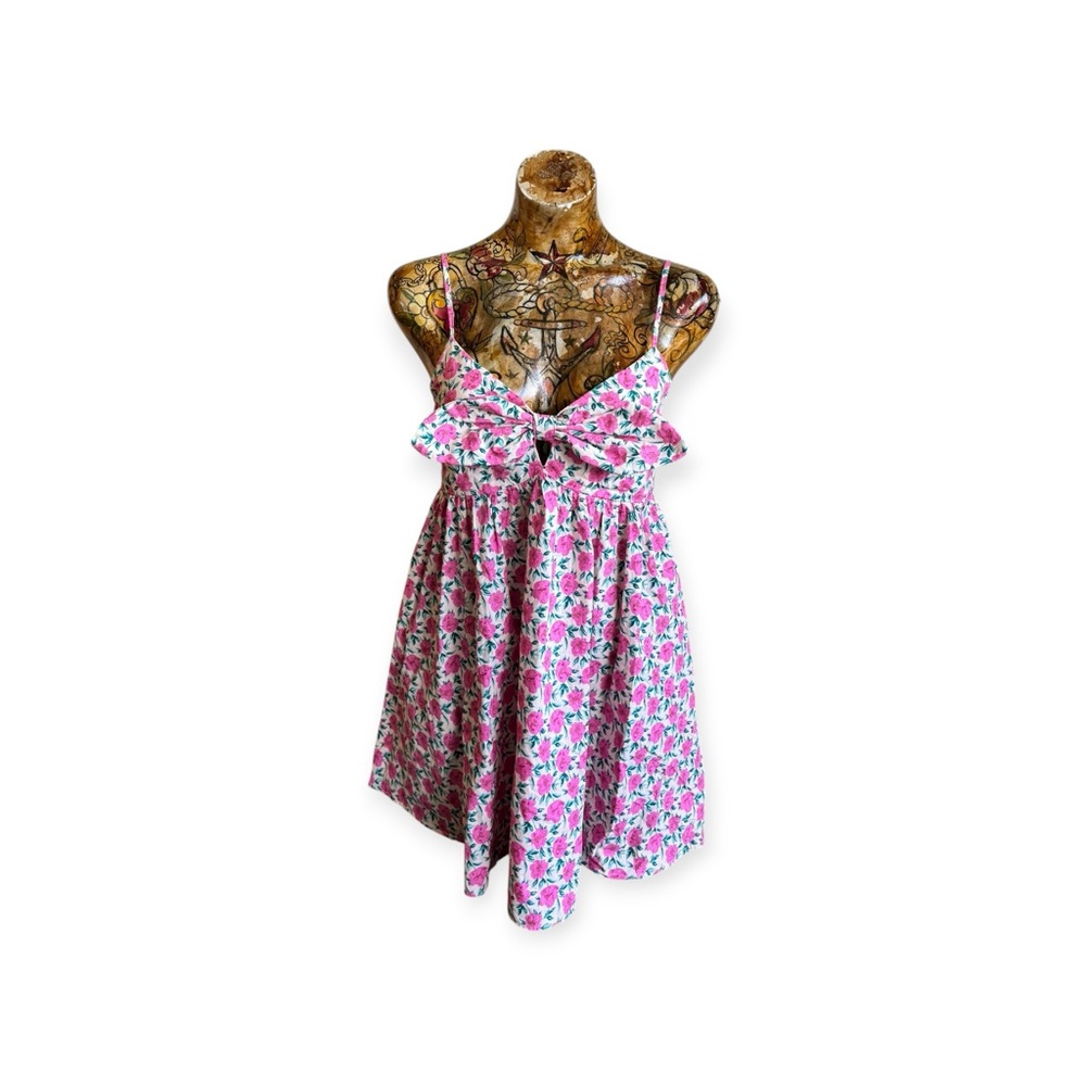 eye of the needle dress pink floral adjustable straps pockets